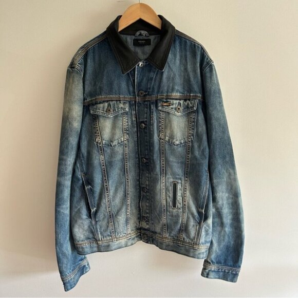 DIESEL Elshar Denim Distressed Jacket Blue Cow Leather Collar Biker - Picture 2 of 15